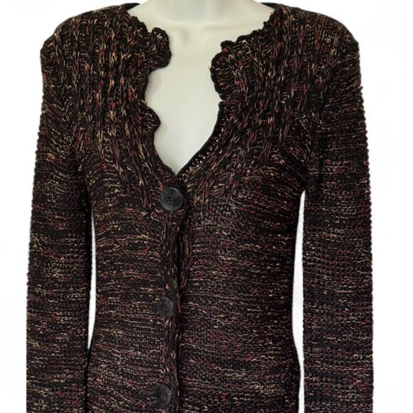 BCBGMaxAzria Button Front V-Neck Cardigan Marled Black Red Gold  Casual Chic - Picture 2 of 10